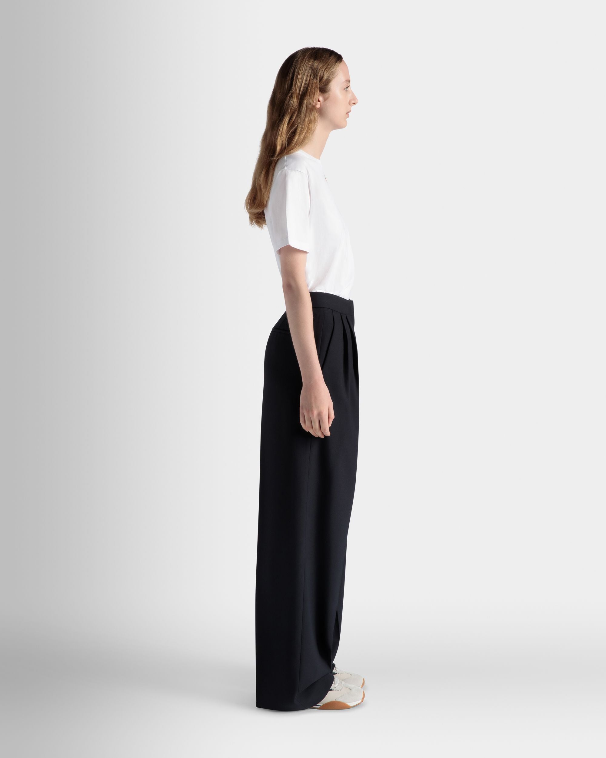 Pantalón De Pernera Ancha De Mezcla De Lana Navy Blue - Mujer - Bally - 06